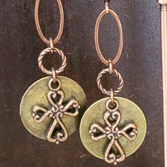 Beautiful Copper Cross & Bronze Brass Coin LeverBack Earrings, Faith, Hope, Love - Picture 1 of 4